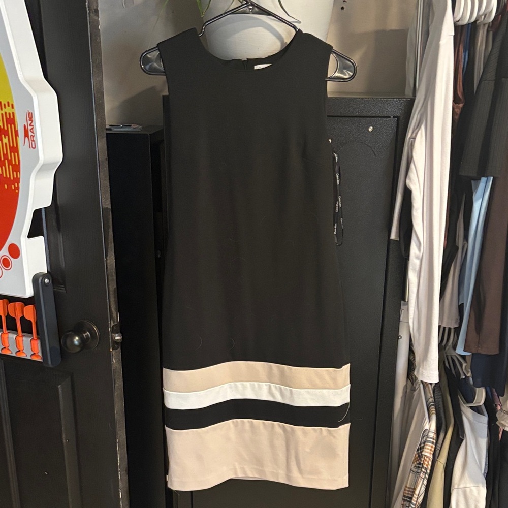 Calvin Klein Black Midi Shift Dress with Cream and White Stripes
